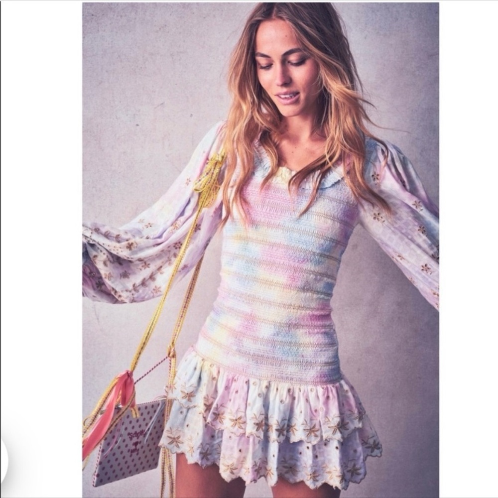 LoveShackFancy Celia Rainbow Tie Dye Mini Dress M Smocked Metallic New